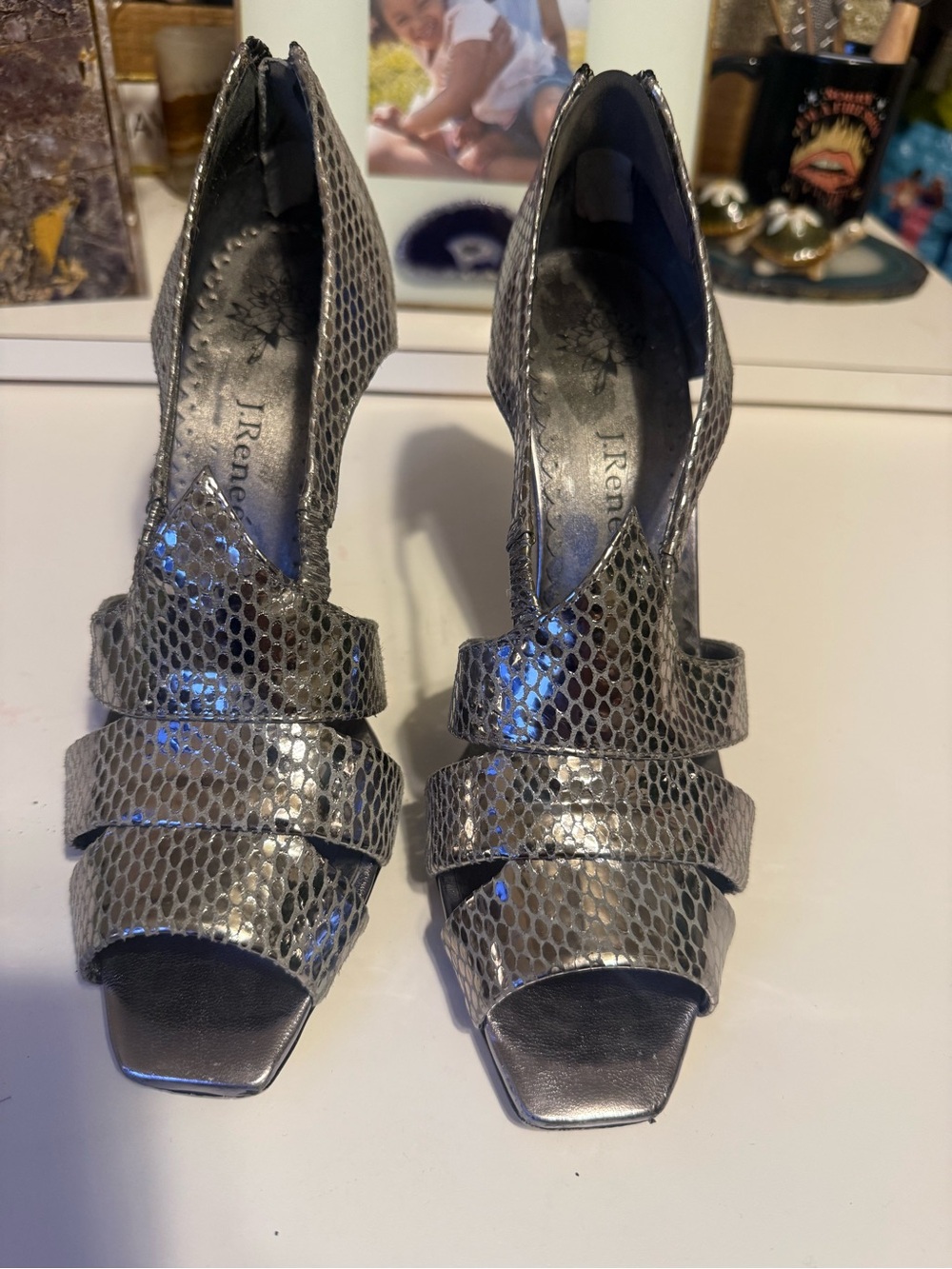 J.Renee Metallic Silver Snake-Print Strappy Heels